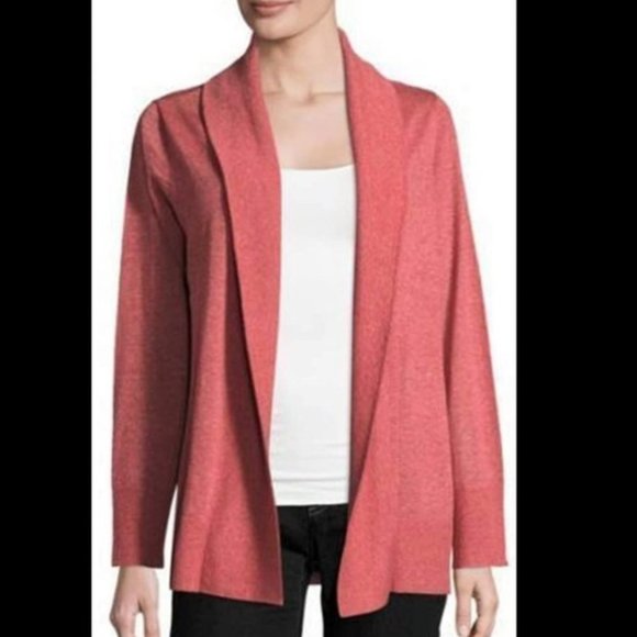 Eileen Fisher Fine Tencel Wool Alpaca Open Front Cardigan in Red - Picture 1 of 8